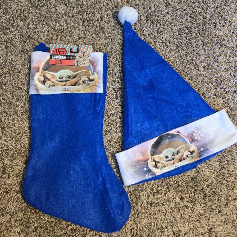 Star Wars Mandalorian Grogu‎ Baby Yoda Christmas Stocking & Santa Hat Set NWT